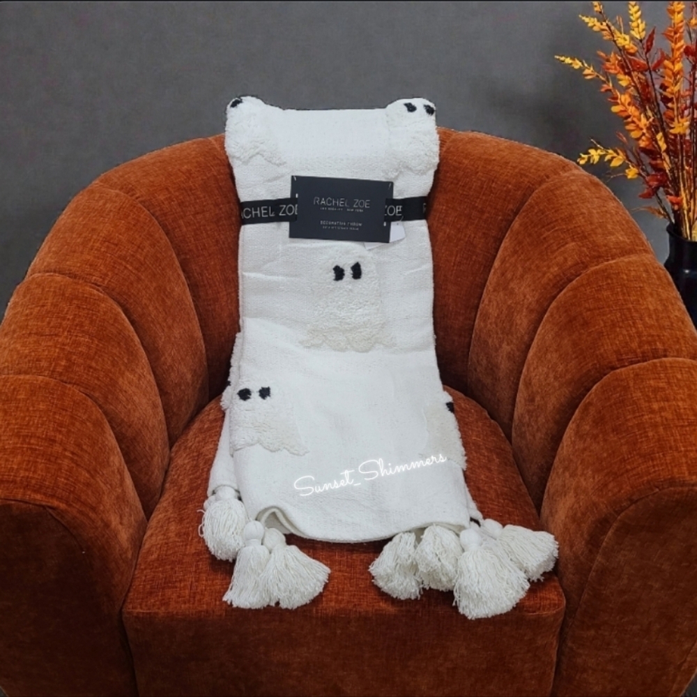 Rachel Zoe White On White Ghost Throw Blanket Decor w/ TASSELS 60" Halloween NEW